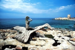 ITALY - MARCH 29: Rocks between the beaches of Phoenicia and Fenicetta with the statue of the Little Mermaid, Marciana Marina, Elba, Tuscan Archipelago national park, Tuscany, Italy. (Photo by DeAgostini/Getty Images)